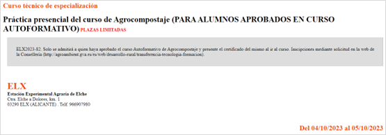  Práctica presencial del curso de Agrocompostaje (PARA ALUMNOS APROBADOS EN CURSO AUTOFORMATIVO)  (4 y 5 de octubre)